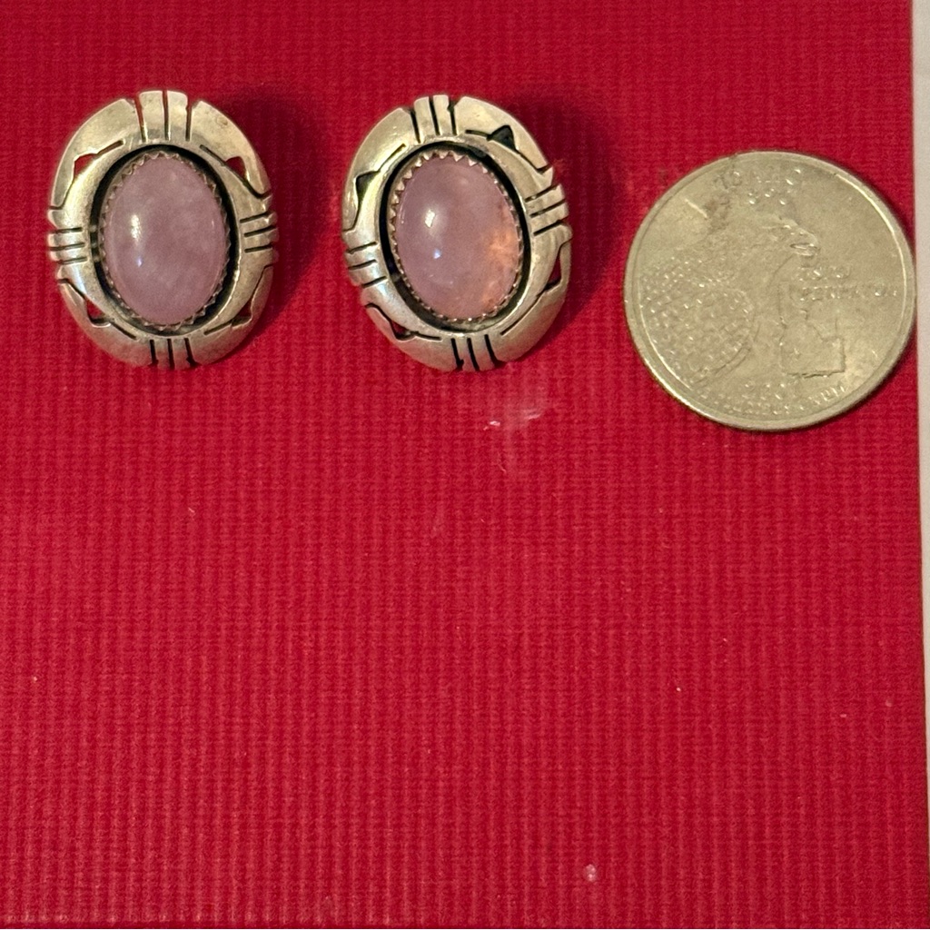 Native American Earrings Sterling Silver Post Stud Pink Oval Cabochon Pierced 80$